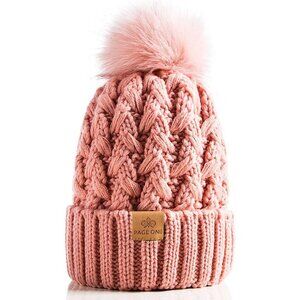 Women’s Rose Pink Winter Ribbed Beanie Hat Chunky Cable Knit Pompom Warm